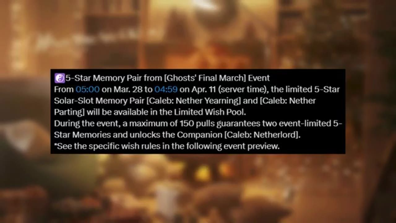 A game banner details panel displays text about the Ghosts' Final March event and says a maximum of 150 pulls guarantees two event-limited 5-Star Memories.