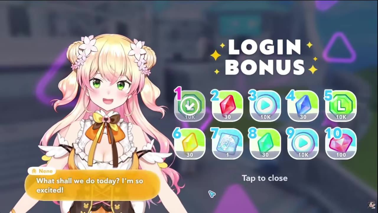 An anime character stands beside a login bonus rewards panel showing ten numbered reward icons and a Tap to close prompt.