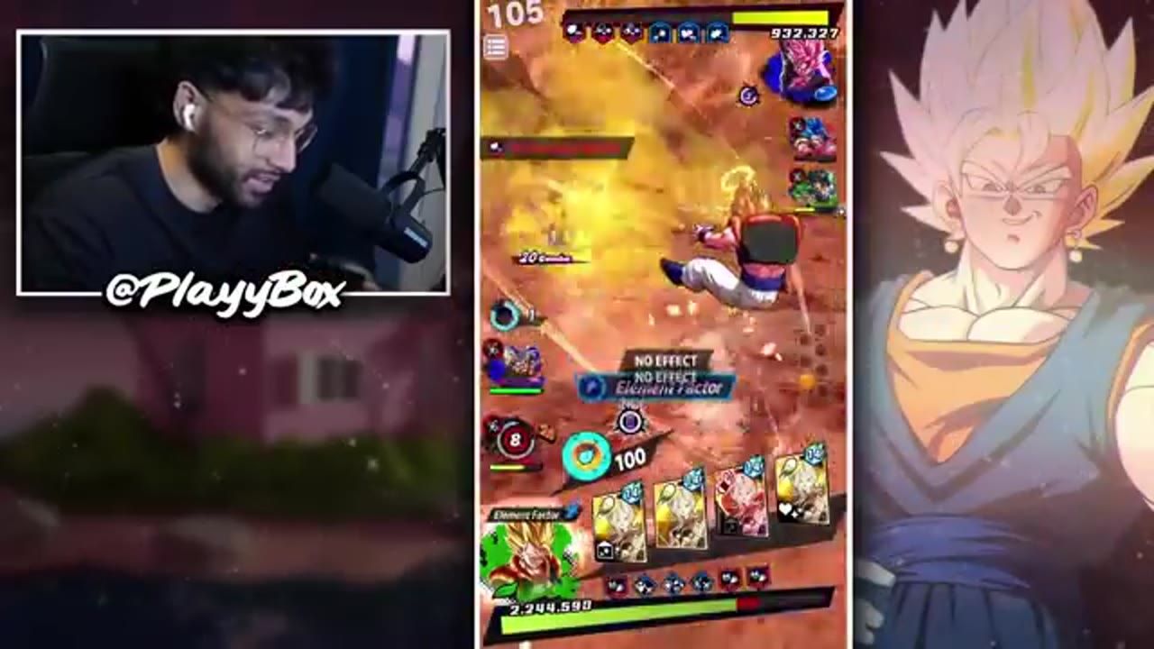 A split layout shows a streamer webcam on the left, Dragon Ball Legends battle gameplay in the center, and Ultra Gogeta Blue artwork on the right.