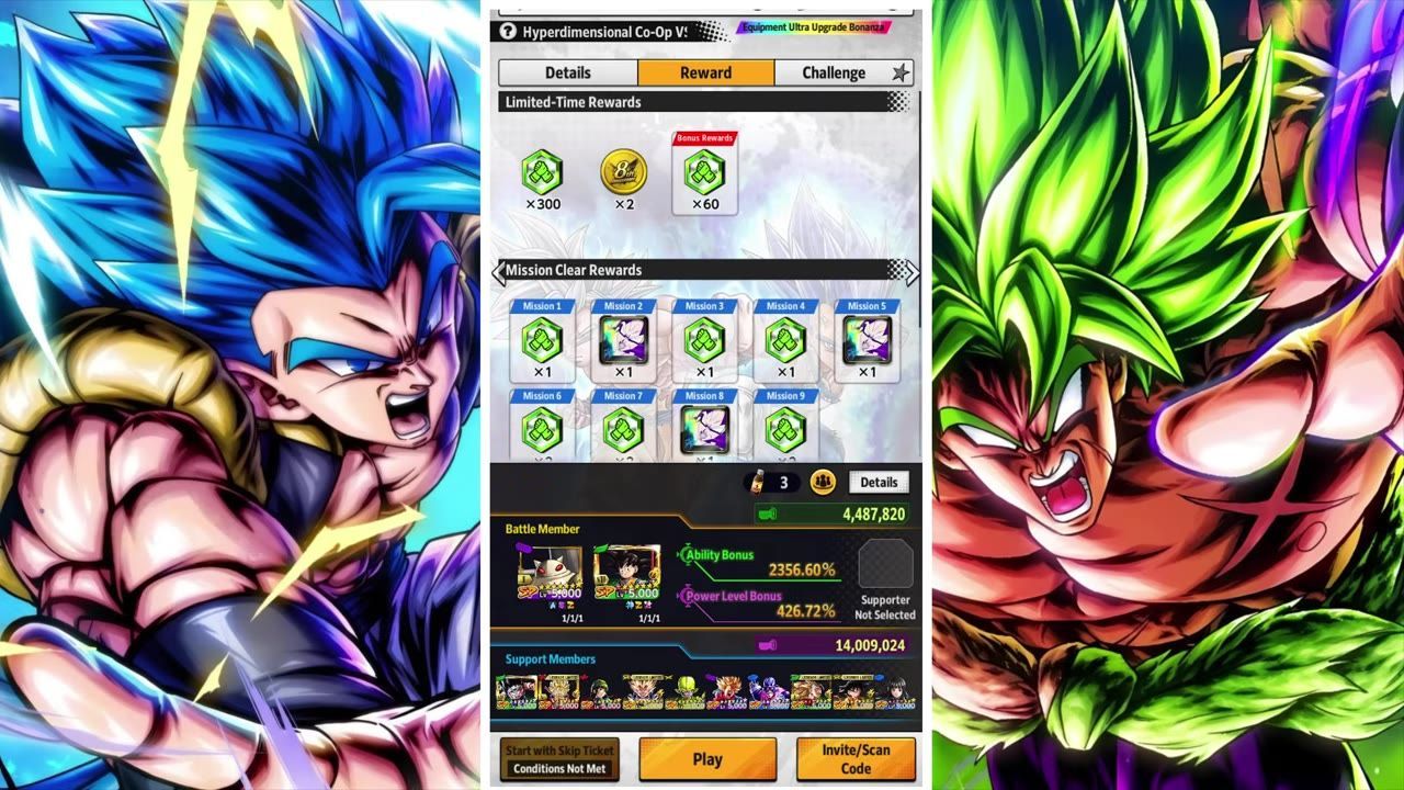 A game menu for Hyperdimensional Co-Op shows reward tabs, mission clear rewards, battle members, support members, and play options.