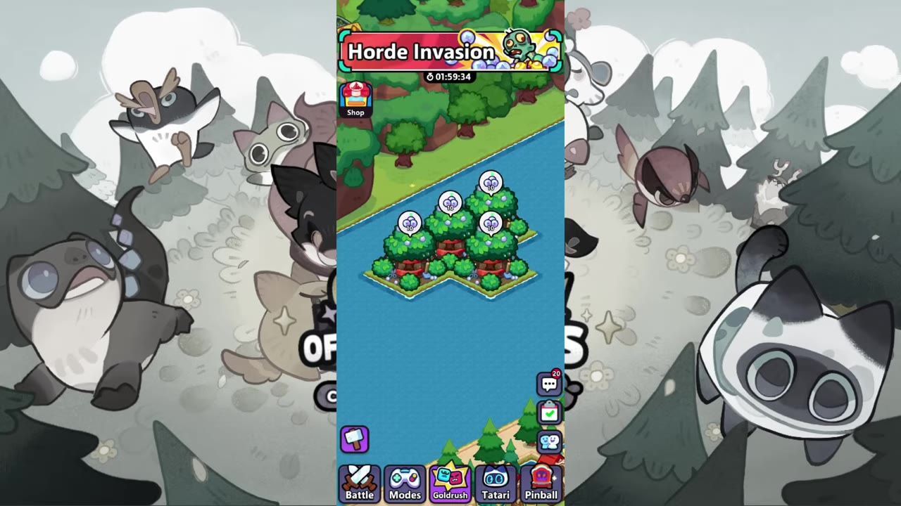 A game map is shown with a Horde Invasion banner and a countdown timer at the top.