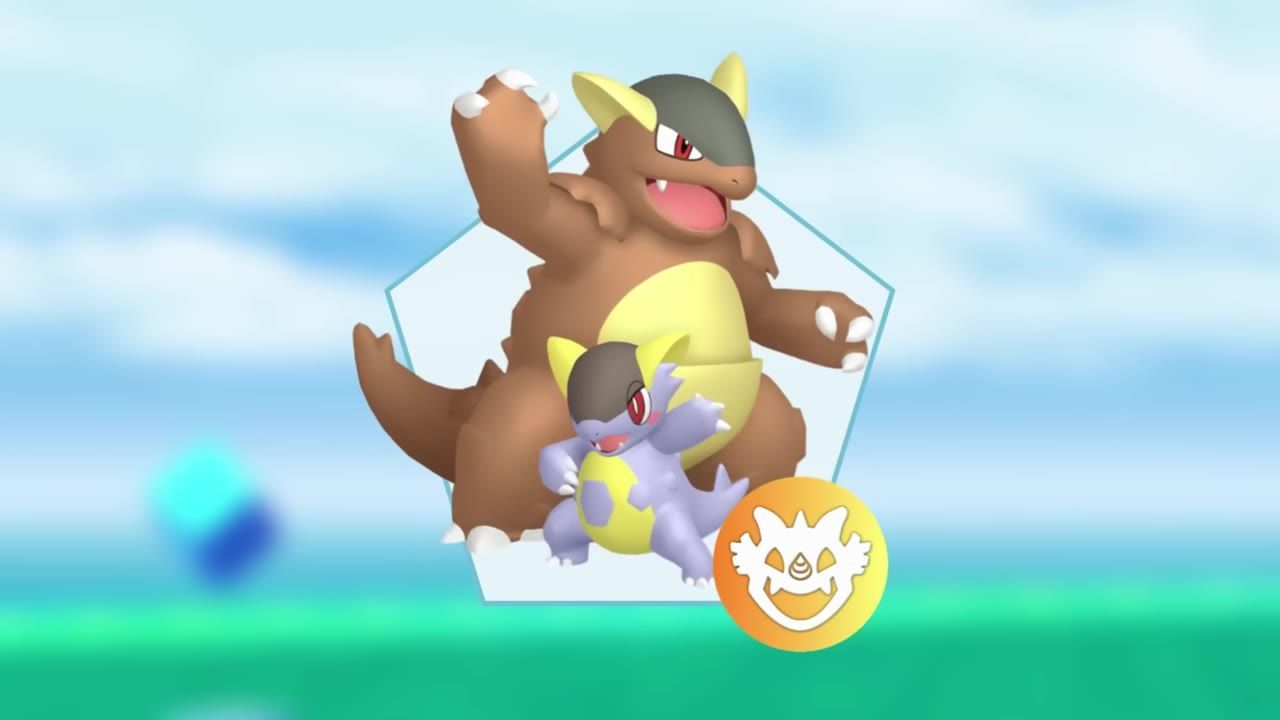Mega Kangaskhan raid screen with the raid boss visible in the center against a sky background.