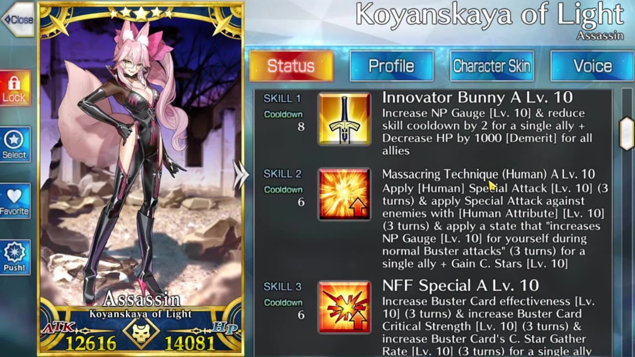 The servant status page for Koyanskaya of Light shows Skill 1, Innovator Bunny A, with cooldown 8 and its effect text on the right.