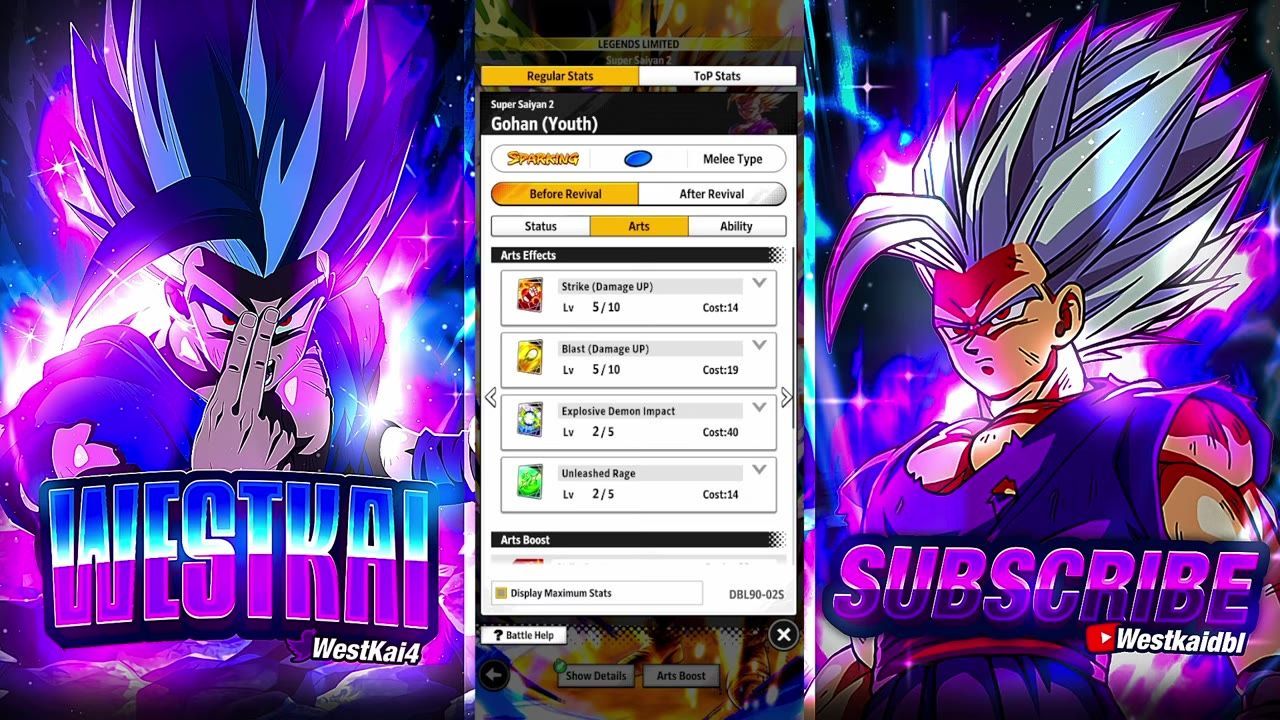 A game character arts and stats menu is open with Strike and Blast arts effects listed in the center panel.