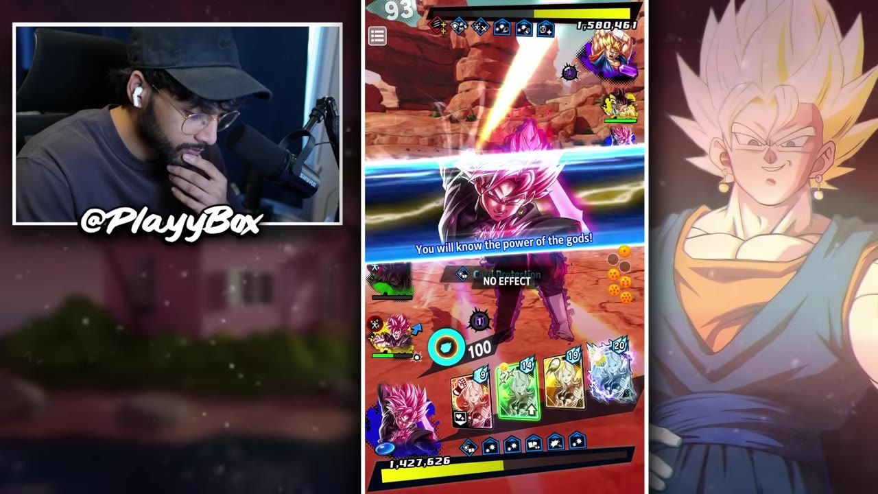 A gameplay scene showing Goku Black initiating a transformation with a dramatic visual effect.