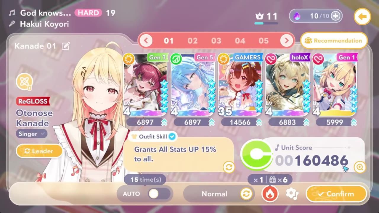 A song selection and team setup screen shows Otonose Kanade on the left, five unit cards across the top, and a projected unit score panel on the right.