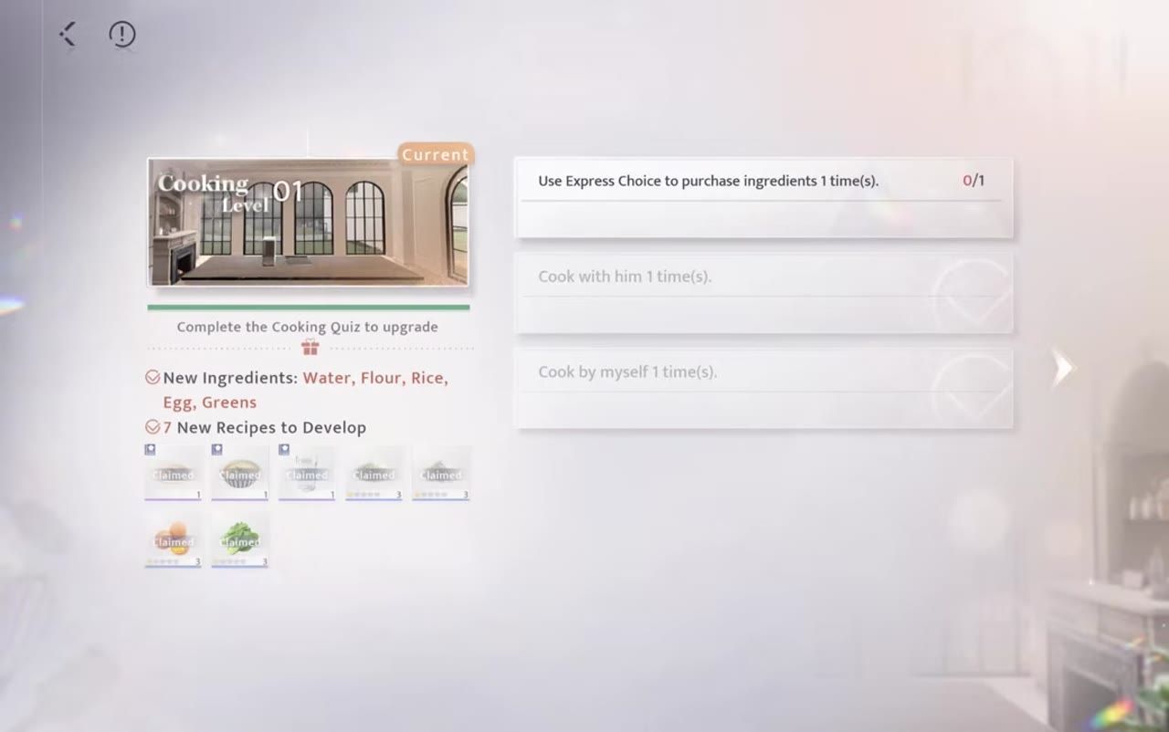 A cooking level progression screen shows Cooking Level 01, upgrade requirements, and several reward or recipe icons listed below.