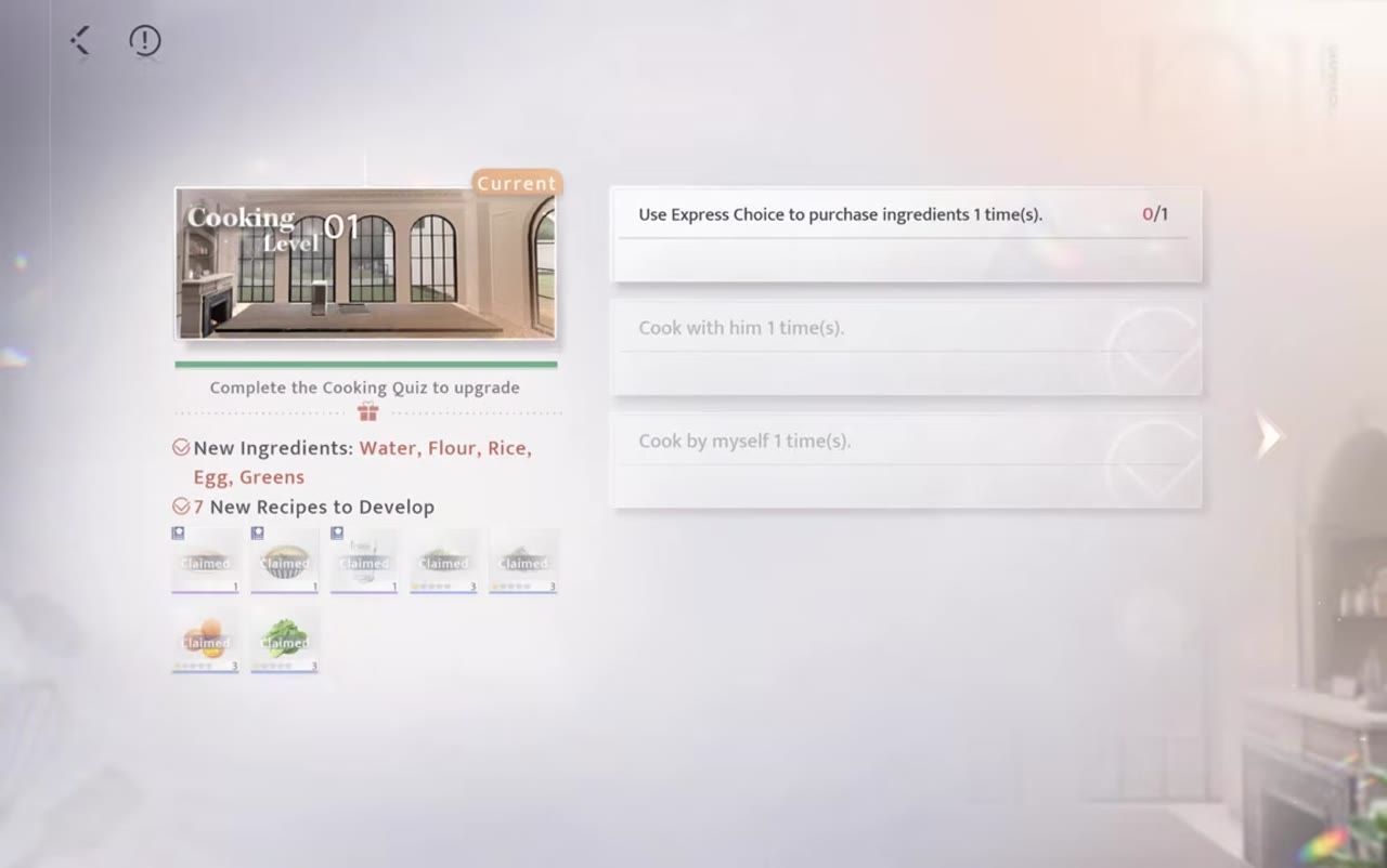 Cooking level menu showing completion prerequisites and rewards unlocked.