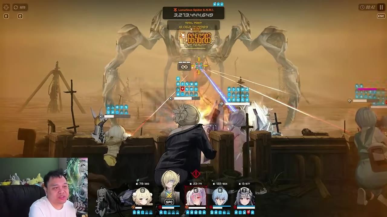 A gameplay screen showing characters firing at a large enemy with various indicators on screen.