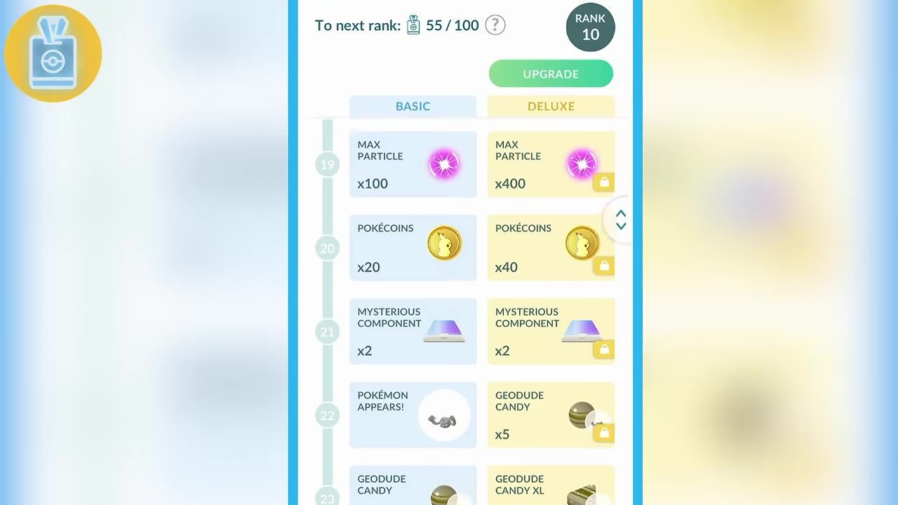 A comparison of rewards between Basic and Deluxe Go Pass ranks in a gaming interface.