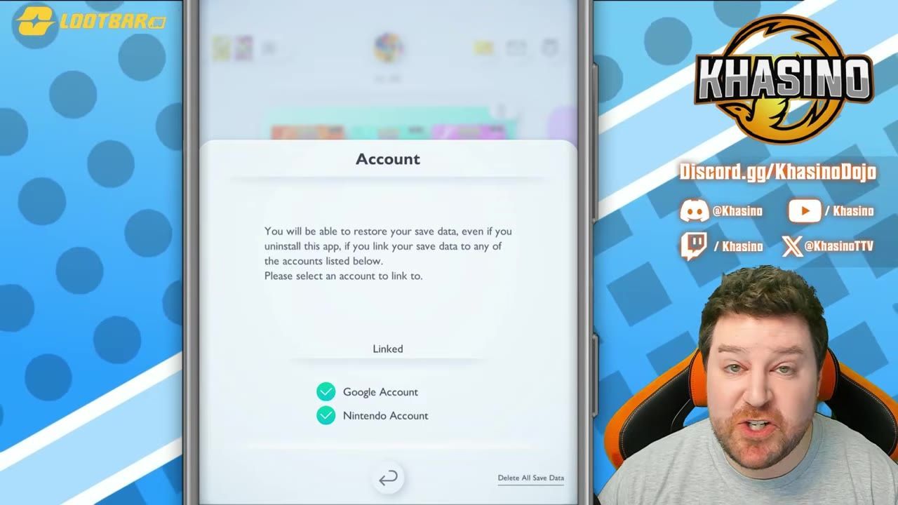 An in-game Account screen shows linked accounts, including Google Account and Nintendo Account with check marks.