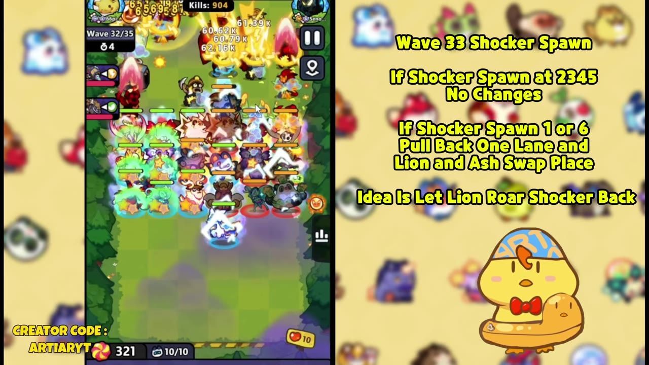 A tower defense game board is shown beside instructional text about Wave 33 Shocker spawn and moving Lion and Ash back.