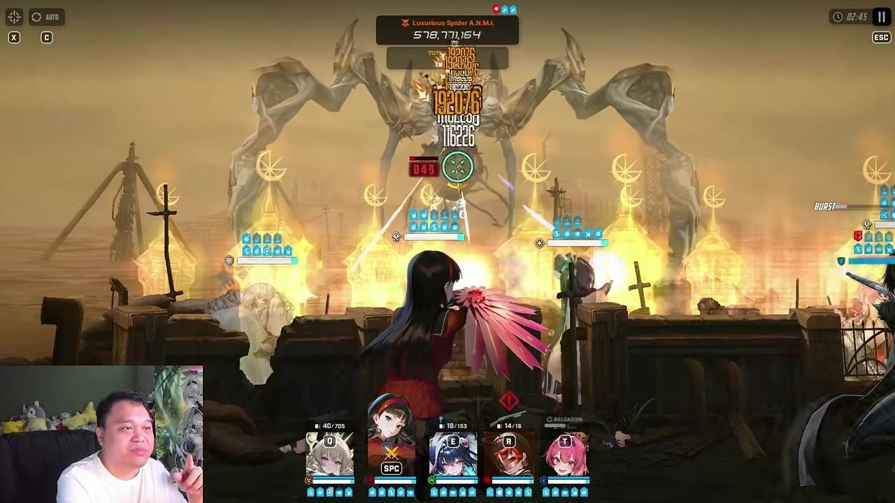 Combat scene featuring multiple characters attacking a giant spider-like enemy with visible status icons and damage numbers.
