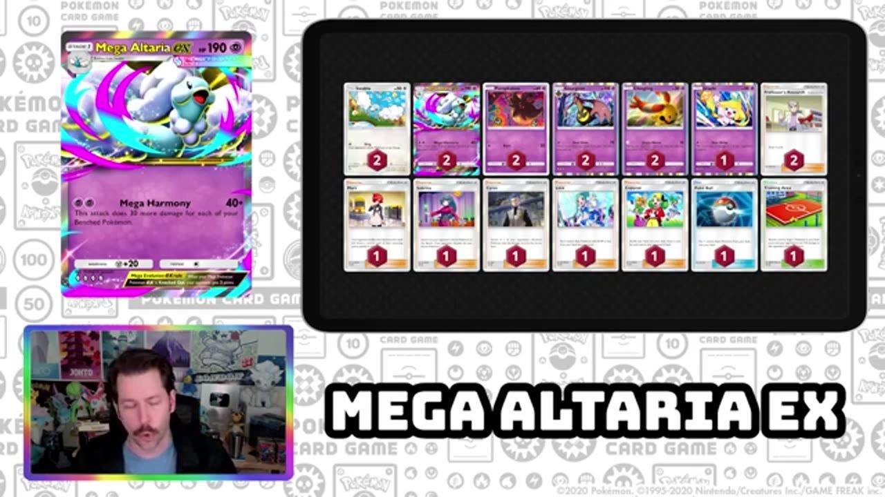 A Pokémon card game deck list is shown beside a large Mega Altaria ex card, with a webcam box and the title text Mega Altaria ex at the bottom.