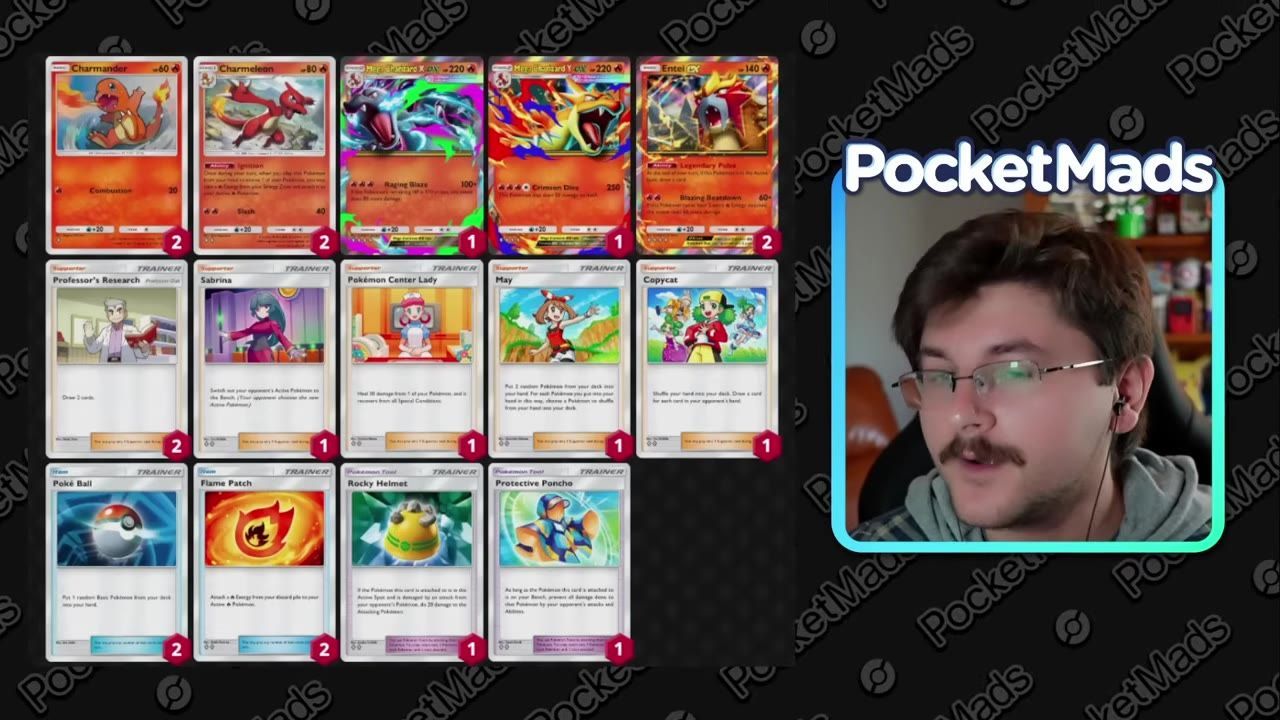 A Pokémon deck list is shown with card images, including Mega Charizard X and Mega Charizard Y in the top row, alongside a facecam on the right.