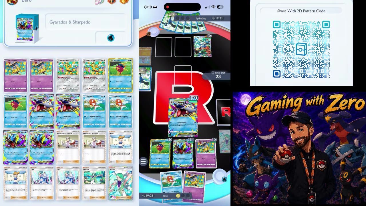 A mobile card battle screen shows Mega Sharpedo EX on the field with the Turbo Shark attack text visible, along with other cards and the player’s hand at the bottom.