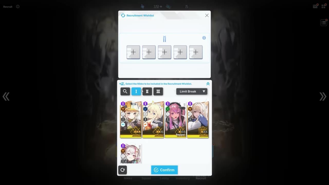 A Recruitment Wishlist pop-up is open with several character cards shown below selectable filters and empty wishlist slots above.