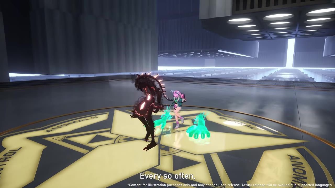 Two characters are engaged in combat in a high-tech arena with glowing effects.