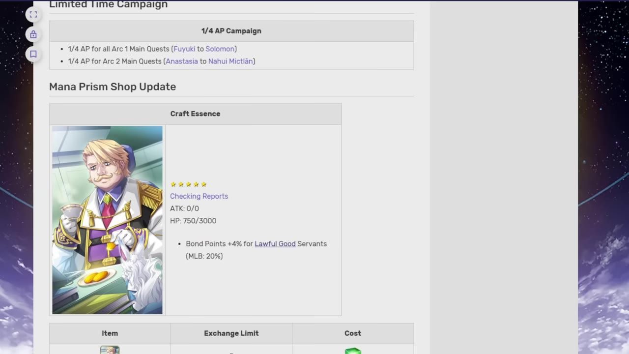 The Mana Prism shop interface showing the Checking Reports Craft Essence with details.
