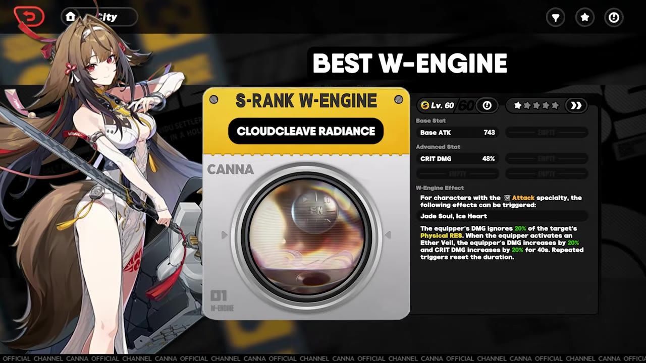 Highlighted Cloudcleave Radiance W-Engine details in the build menu.