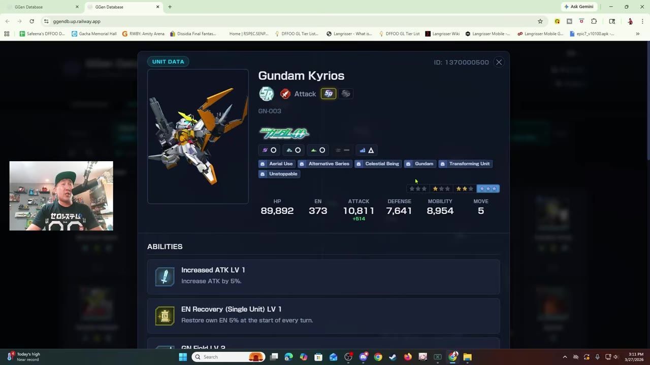 The Gundam Kyrios unit displayed with its attributes and abilities in a game interface.