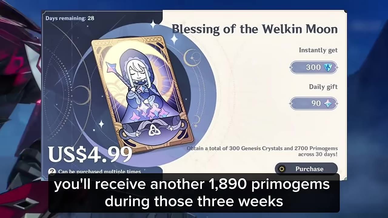 Welkin Moon subscription screen with benefits and pricing displayed.