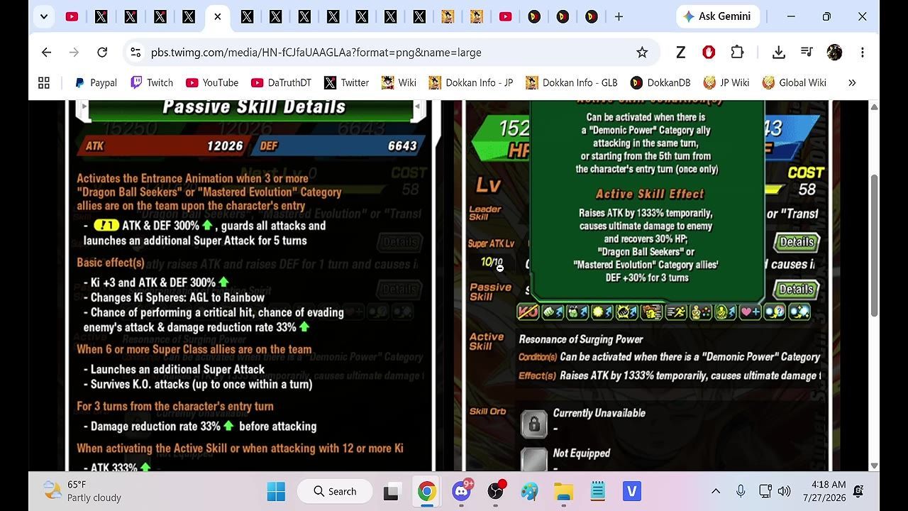 Screenshot showing Mini SSJ3 Goku's passive and active skill details in Dokkan Battle.