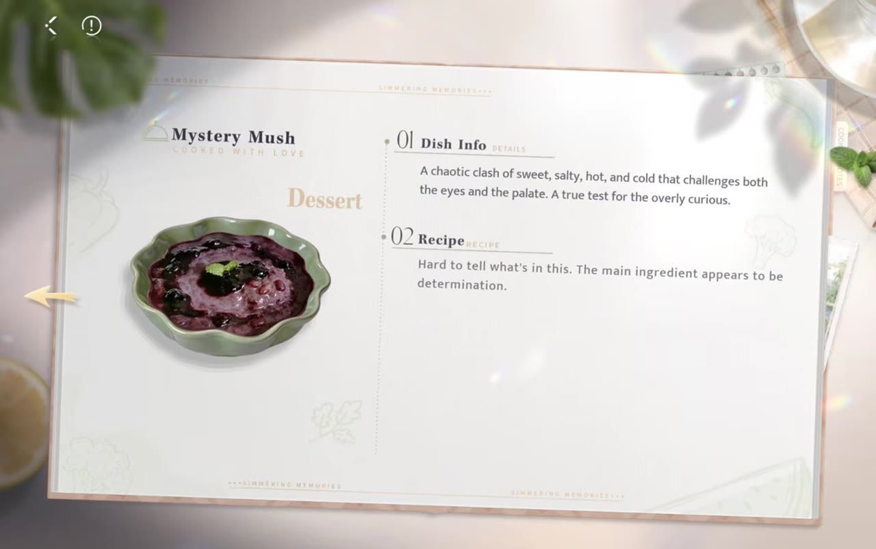 A recipe book-style game menu shows the dessert Mystery Mush with a plated dish image and sections for Dish Info and Recipe.