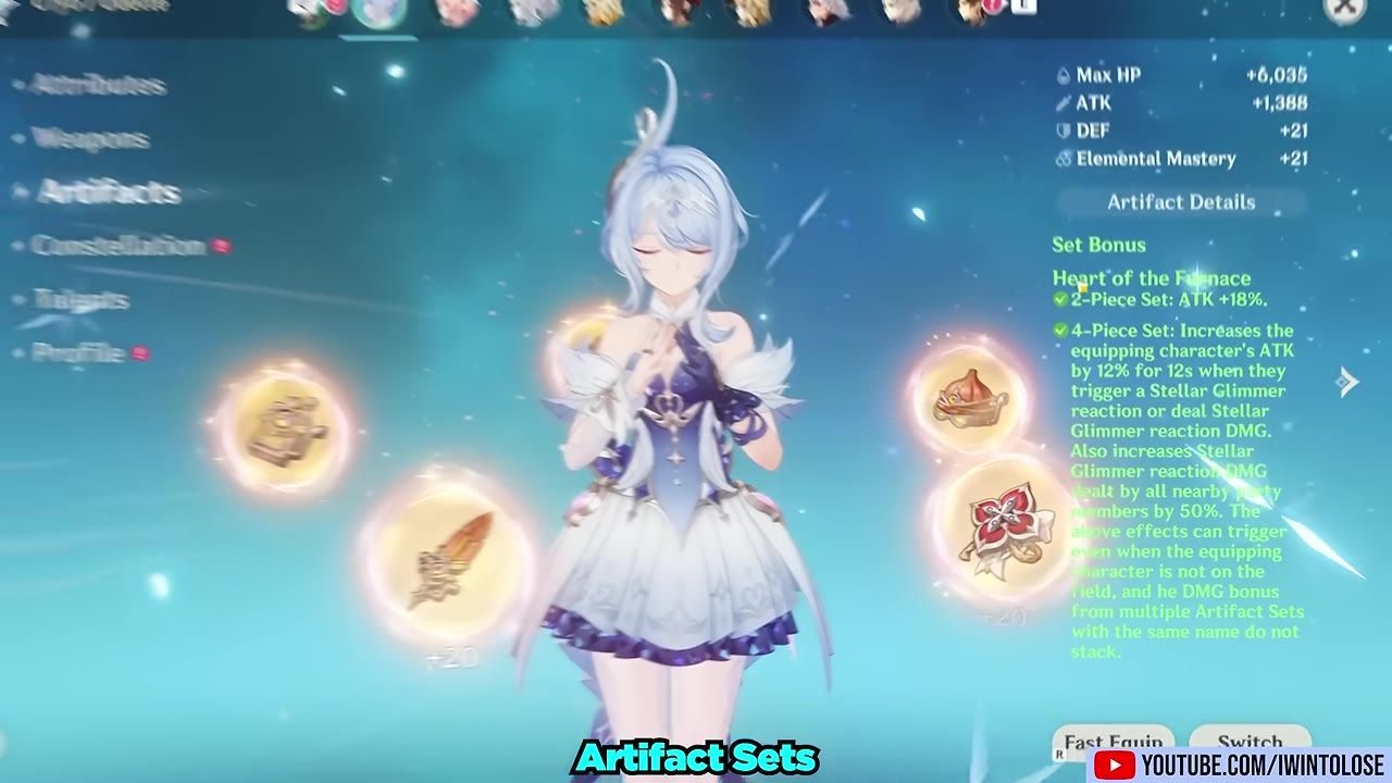 An in-game menu showing artifacts equipped with descriptions of their set bonuses.