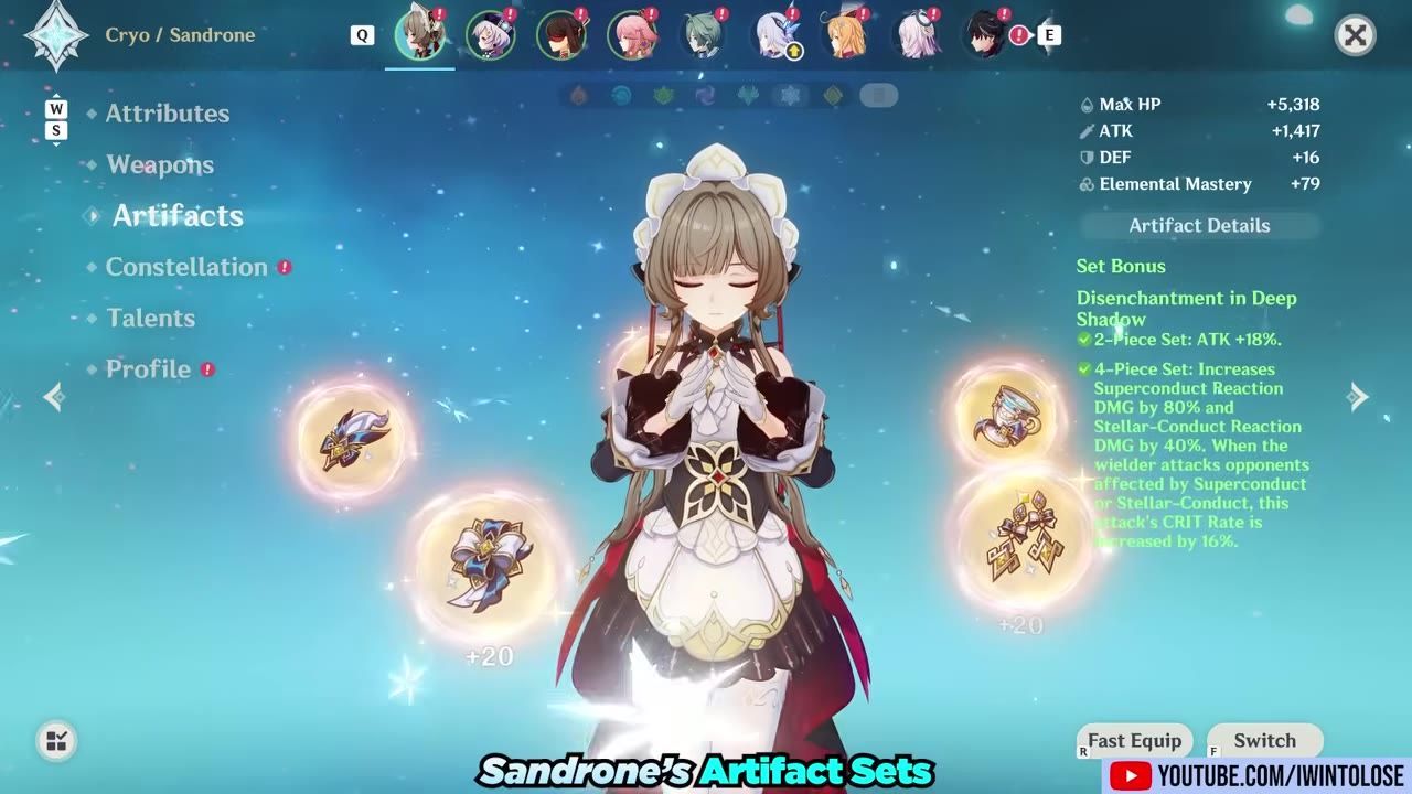 Sandrone's artifact menu highlighting the Disenchantment in Deep Shadow set details.