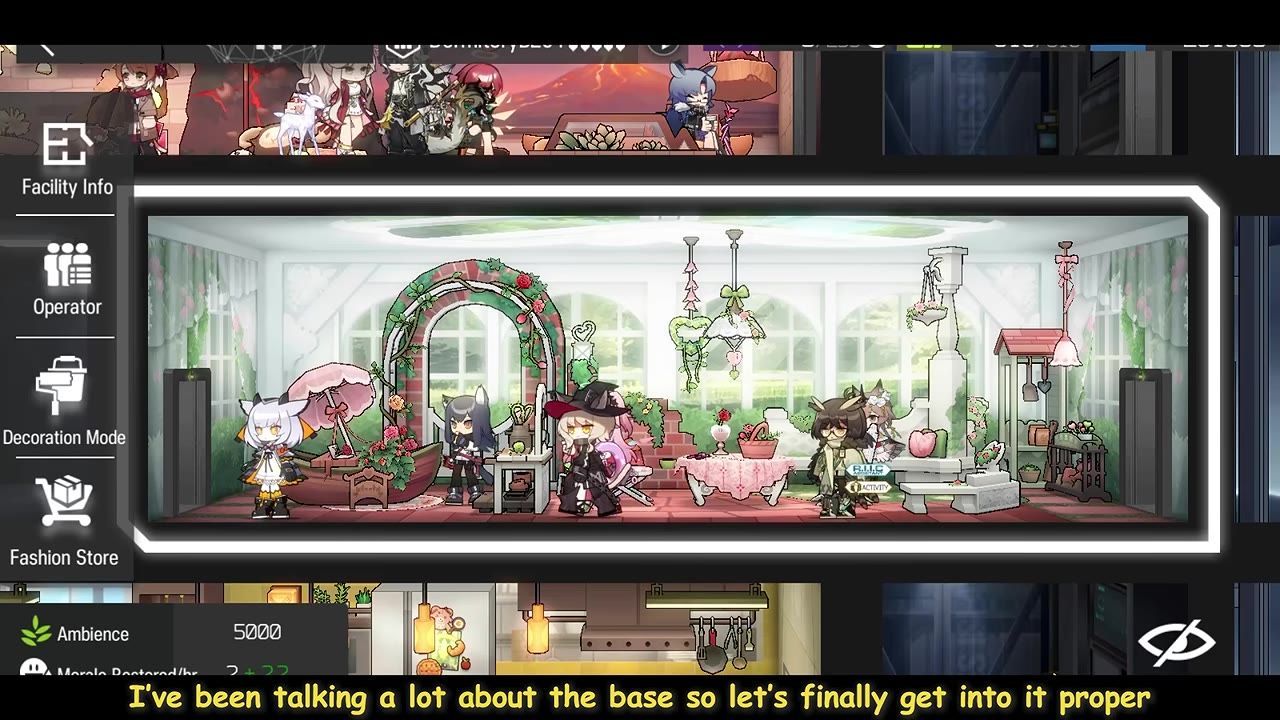 Base system interface with rooms and facilities shown with characters inside.
