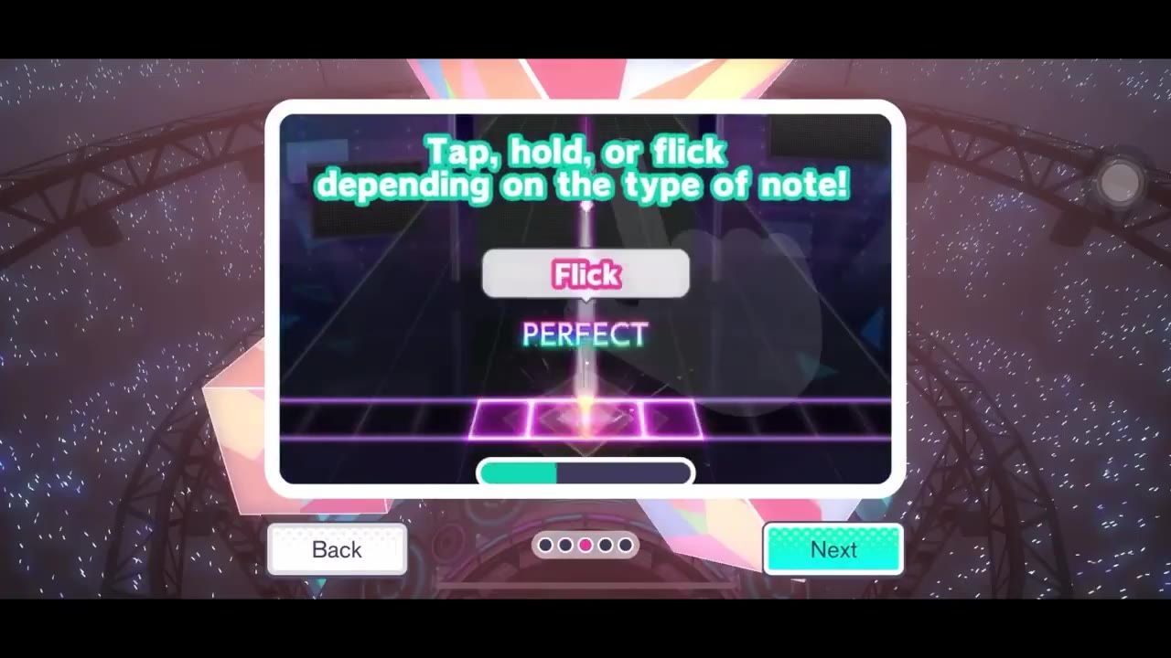 A rhythm game tutorial screen shows a note lane with a flick prompt and a glowing hit judgment in the center.