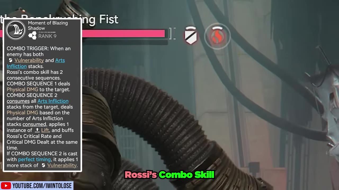 An in-game tooltip panel explains Rossi’s combo skill, showing the combo trigger, Arts Infliction stacks, Vulnerability requirement, and the effects of Combo Sequence 1 and 2.