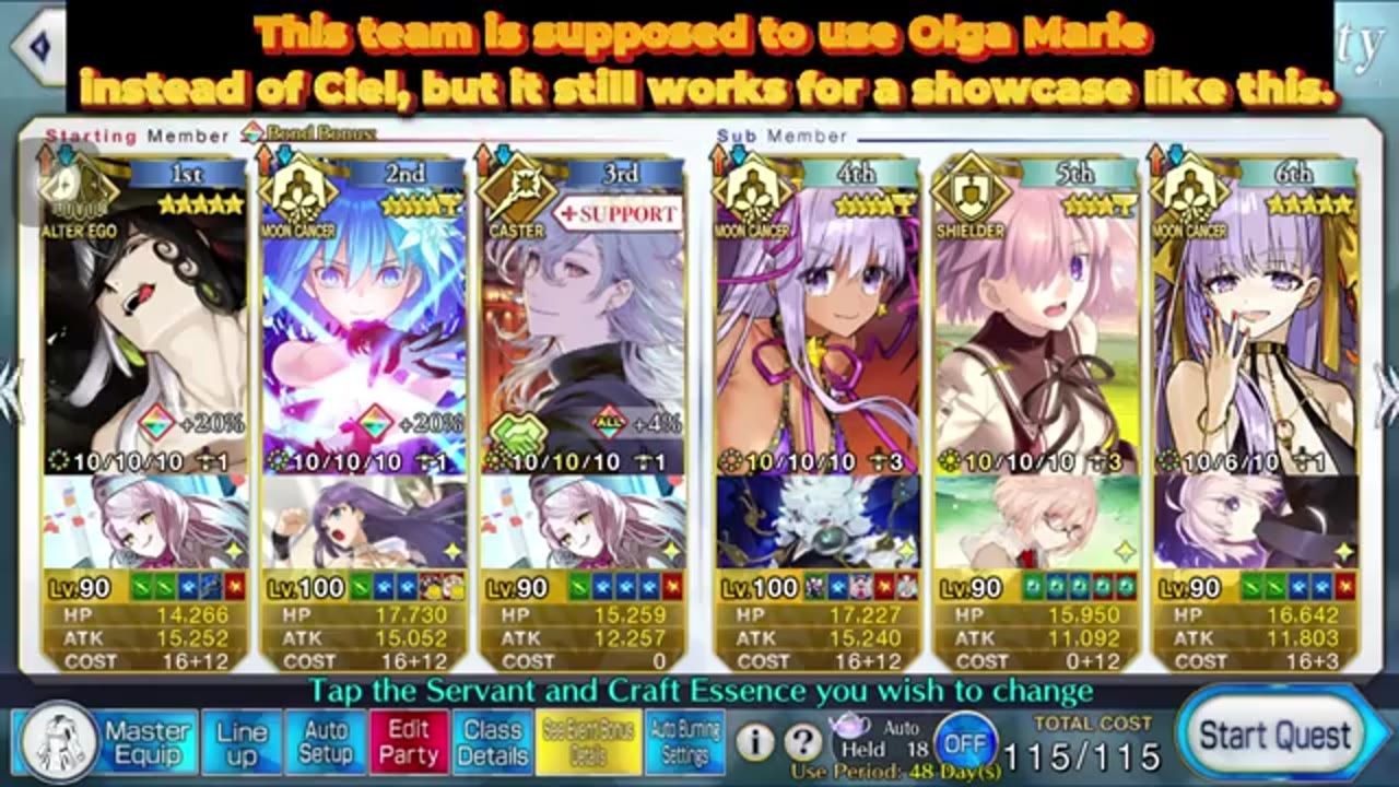 A party setup screen shows six servant slots with character portraits, levels, and equipment, plus a Start Quest button at the bottom right.