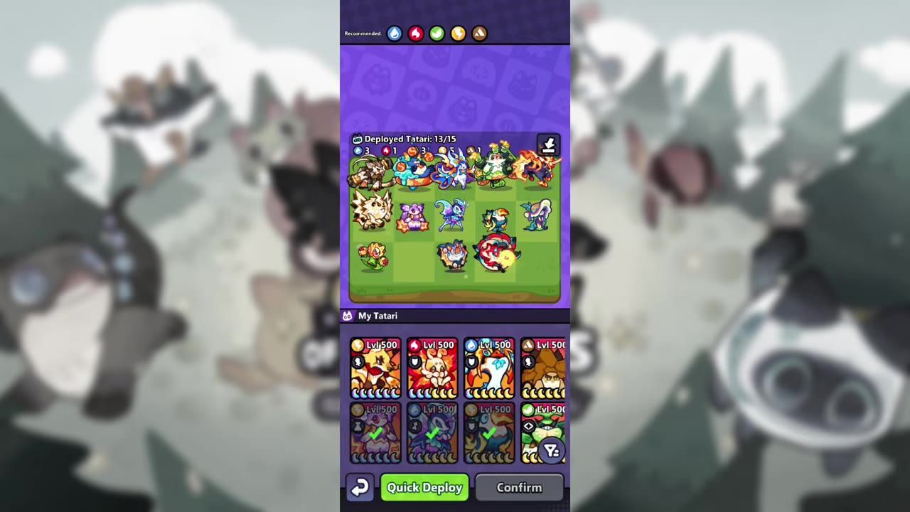 A mobile game lineup setup screen shows several Tatari placed on a green field above a roster of Tatari cards.