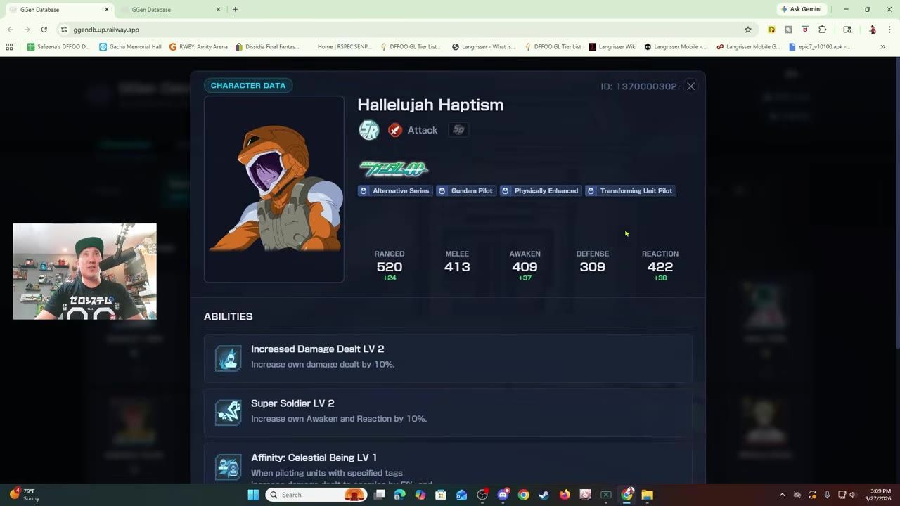 A character data page for Hallelujah Haptism shows the pilot portrait, traits, abilities, and combat stats including ranged.