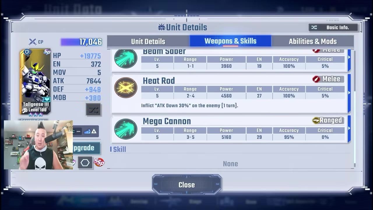 The game’s Unit Details screen for Tallgeese III is open, showing stats on the left and weapons and skills on the right.