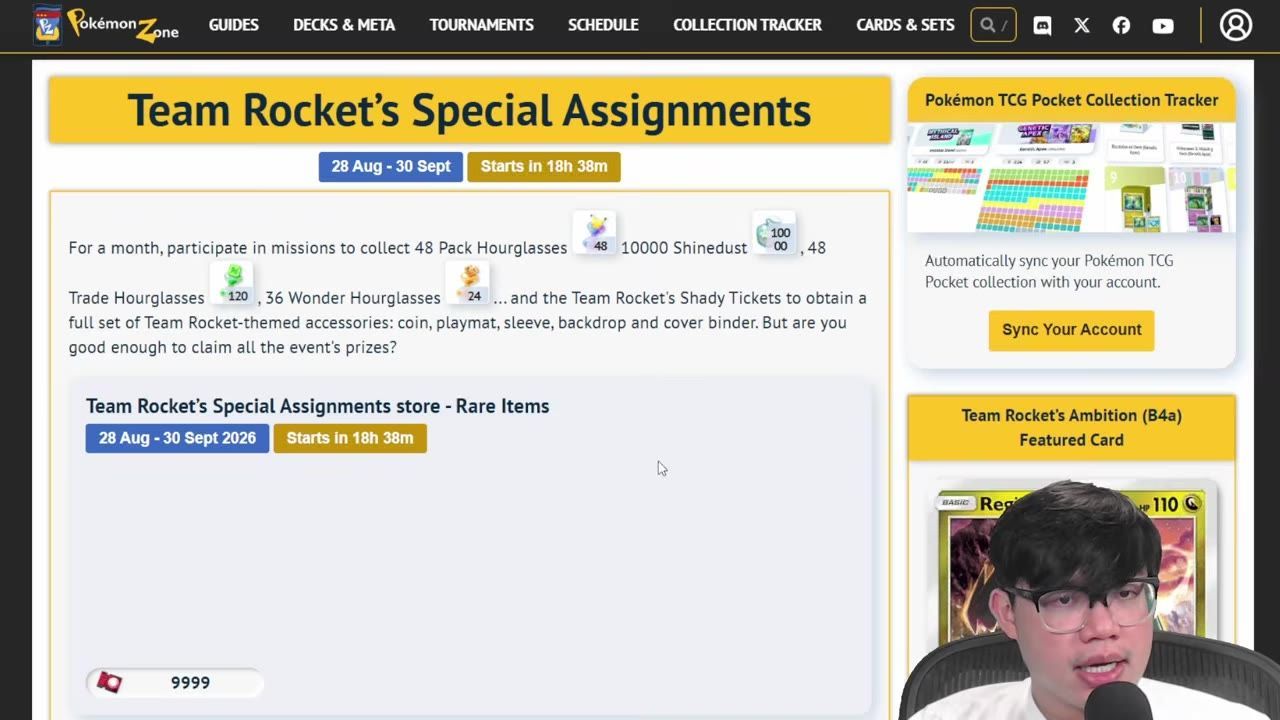A webpage titled Team Rocket’s Special Assignments shows reward text with Pack Hourglasses, Shinedust, Trade Hourglasses, Wonder Hourglasses, and Shady Tickets, with side panels and a webcam overlay visible.