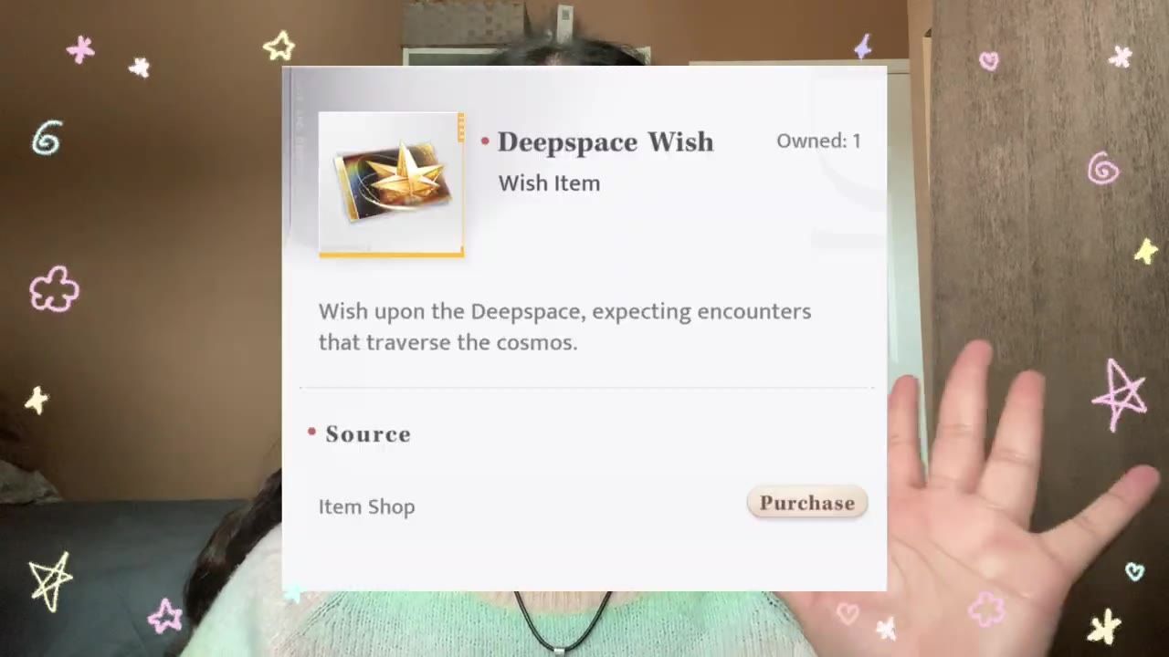 A wish item details window for Deepspace Wish is open with a purchase button and source listed as Item Shop.