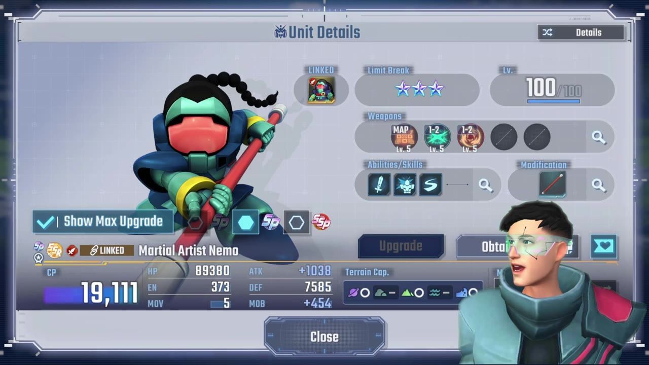 Martial Artist Nemo unit details with SSP upgrade data displayed.