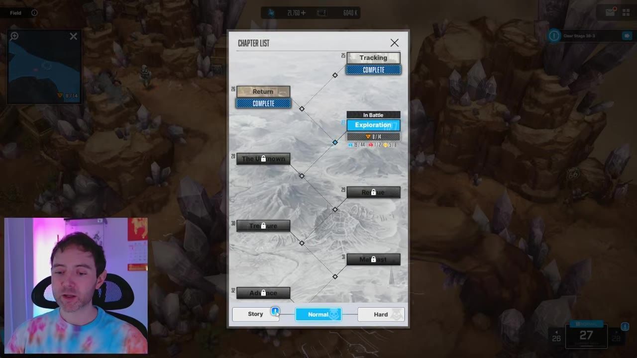 A game chapter list window is open over the map, with a difficulty selector at the bottom showing Story, Normal, and Hard.