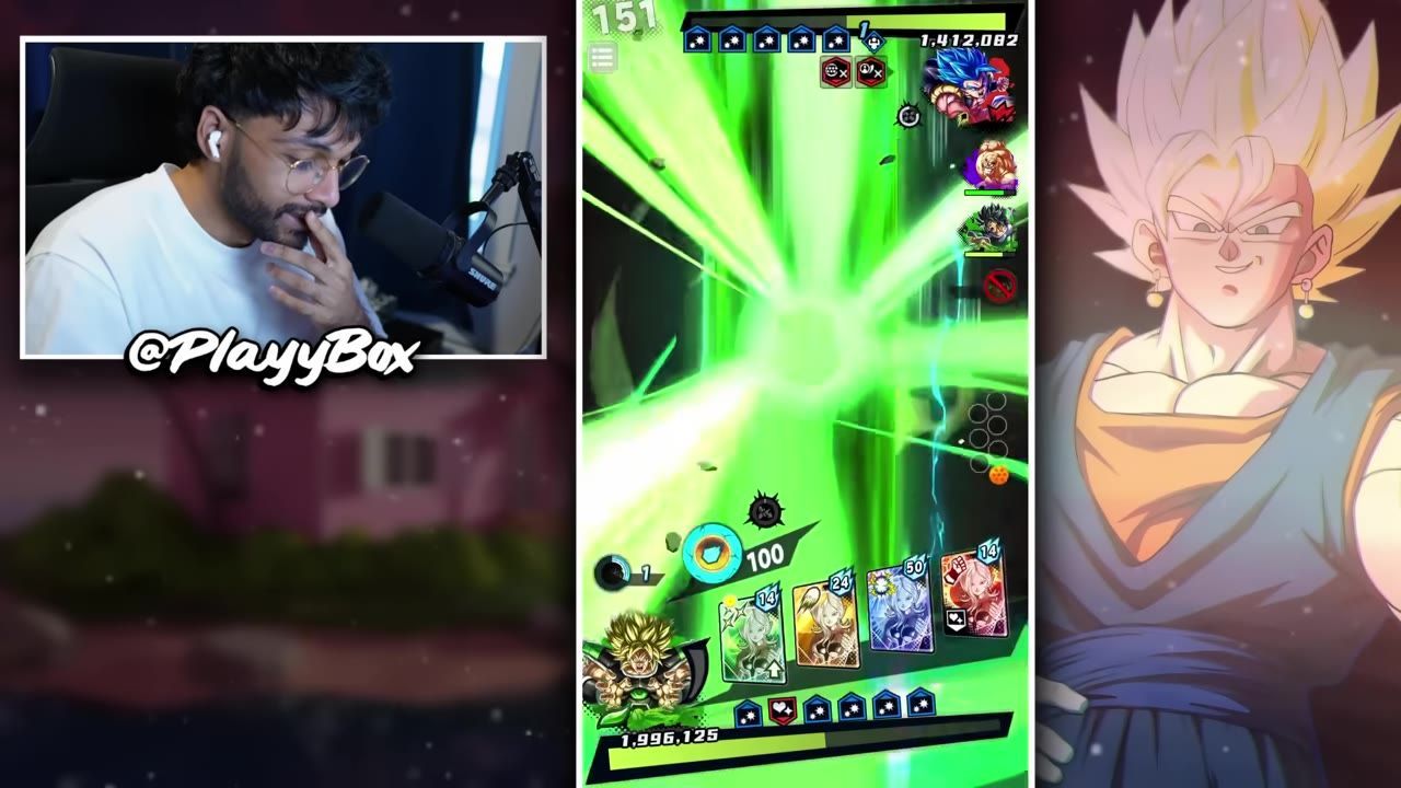 A game screen showing Broly's transformation with bright green energy effects.