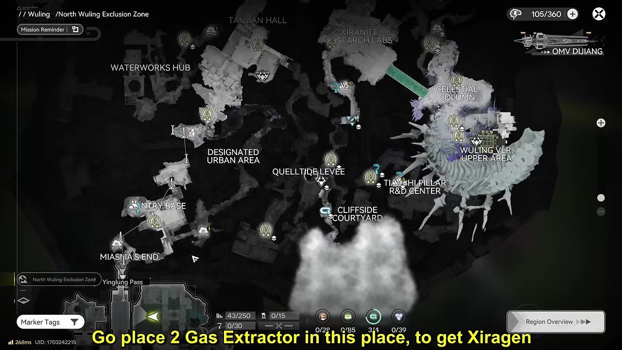 A game map view of the North Wuling Exclusion Zone shows several labeled regions, mission icons, and build markers across a dark terrain map.