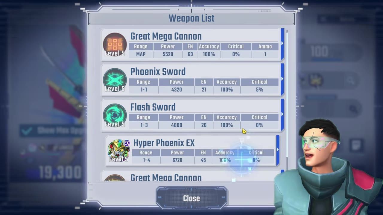 A game menu listing weapon stats, including Hyper Phoenix EX with detailed characteristics.
