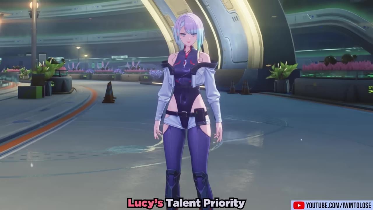 An anime-style character stands in a futuristic indoor plaza with the text 'Lucy’s Talent Priority' at the bottom.