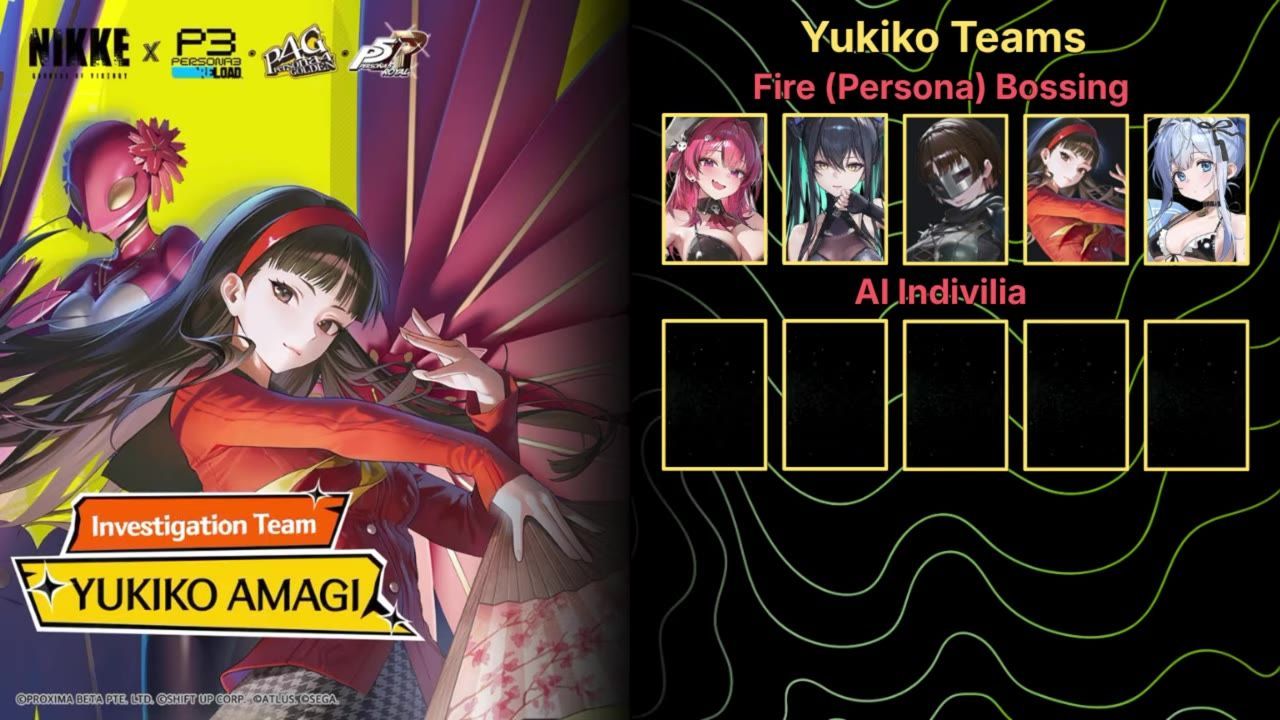 A character illustration featuring Yukiko with outlined team member slots and recommended unit portraits.