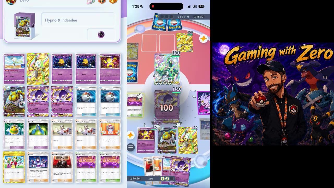 A Pokémon Trading Card Game deck list is shown beside an in-game battle board, with a Team Rocket’s Boss card visible among the cards.