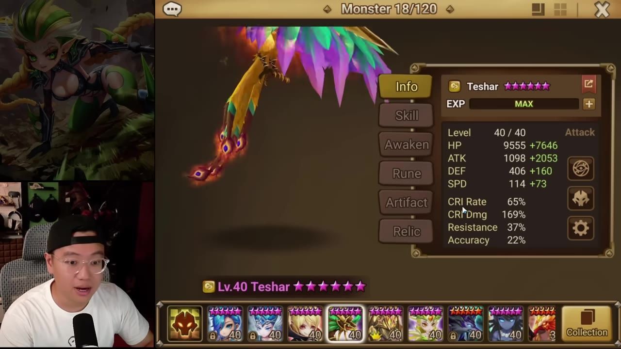 Teshar’s monster info panel is open with stats like HP, ATK, DEF, SPD, CRI Rate, and CRI Dmg visible beside the character model.