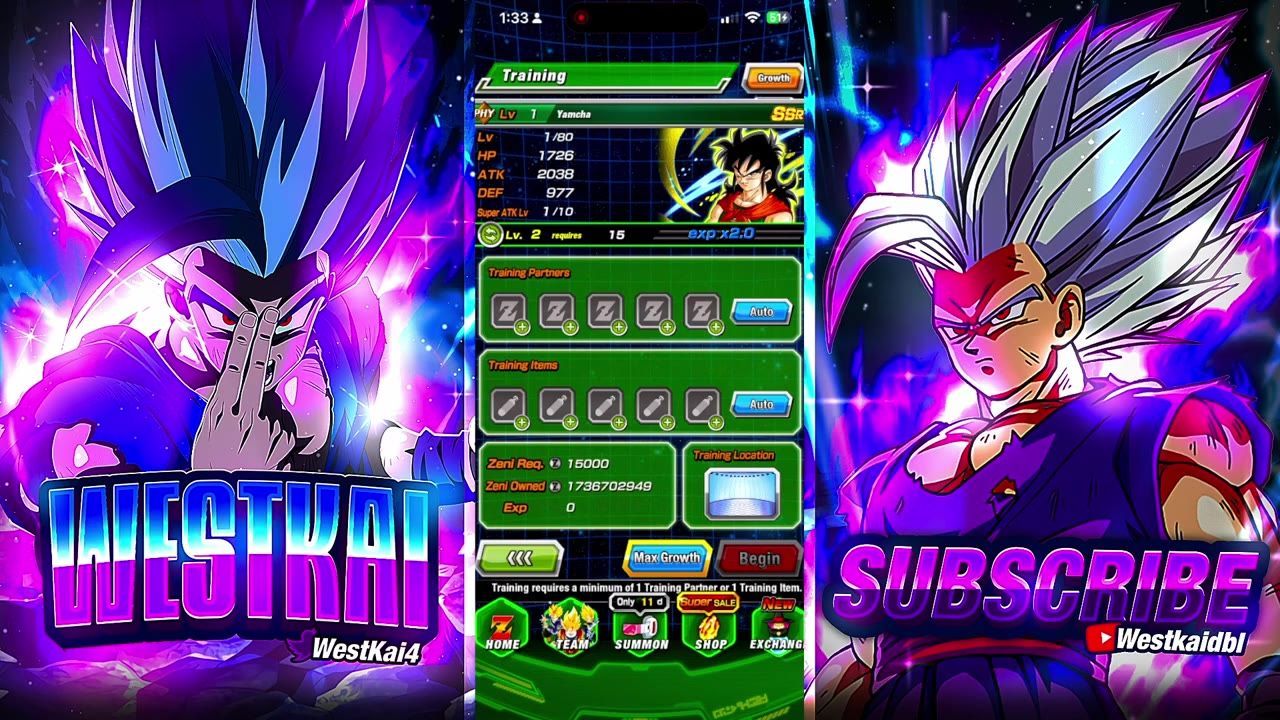 A Dragon Ball game training screen is open on a character page with Training selected, showing Yamcha’s stats, training partners, items, and a Begin button.