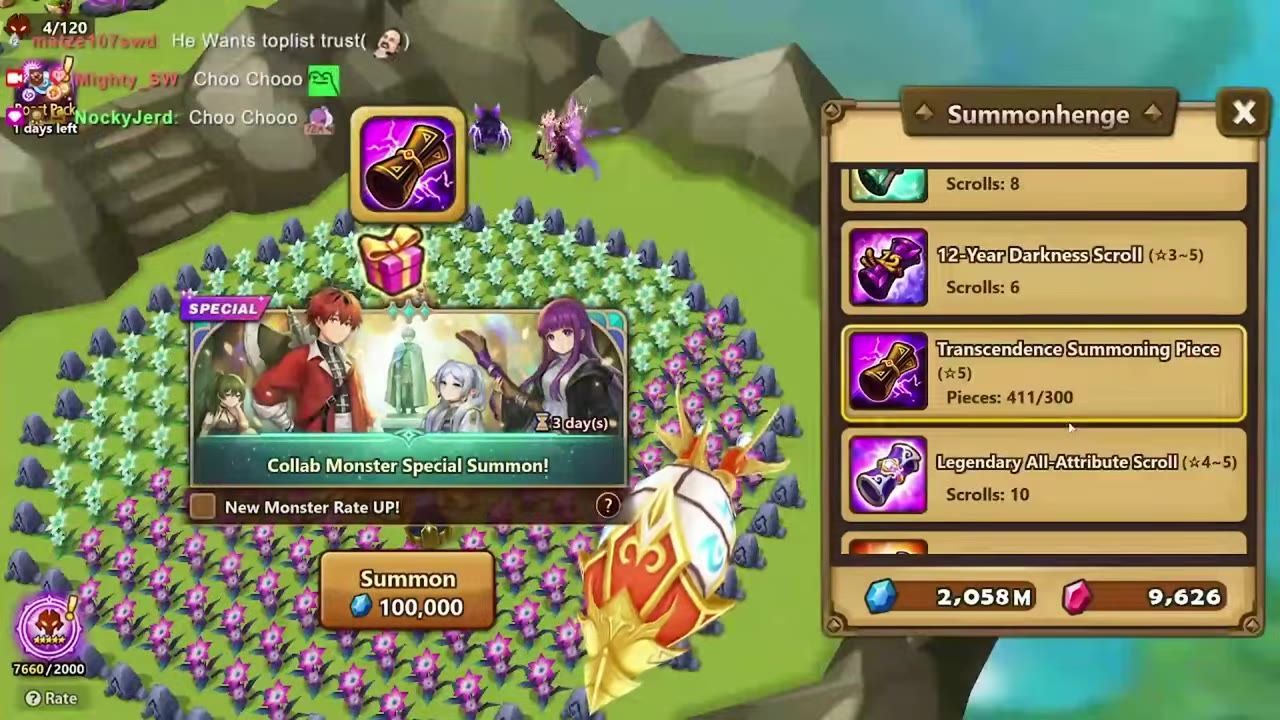 A summon menu is open with Transcendence Summoning Piece highlighted in the list and a special summon banner in the center.